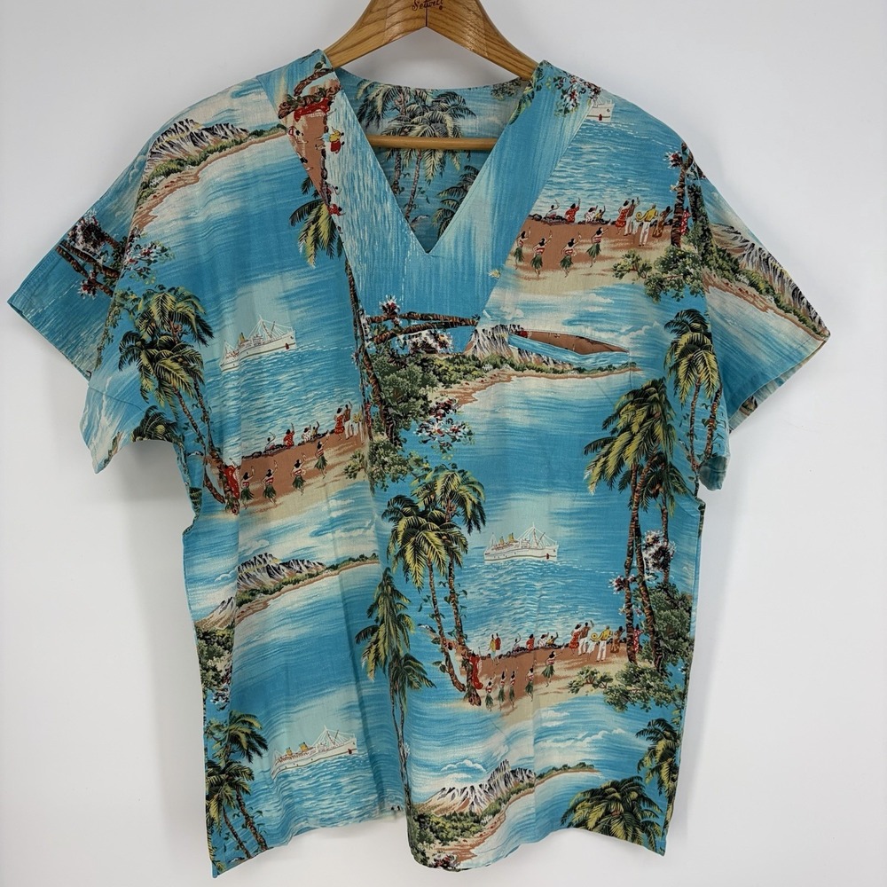 Vtg Hawaiian Shirt Floral Top Short Sleeve V-Neck 70s‎ Retro Island Grandpacore